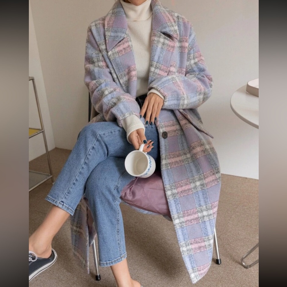 Plaid Pastel Coat purple multicolor stripe long NWT